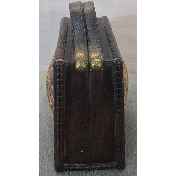 Vintage Style Wooden Box Bag Floral Paisley Print Hardware Top Handle Purse - Picture 3 of 5